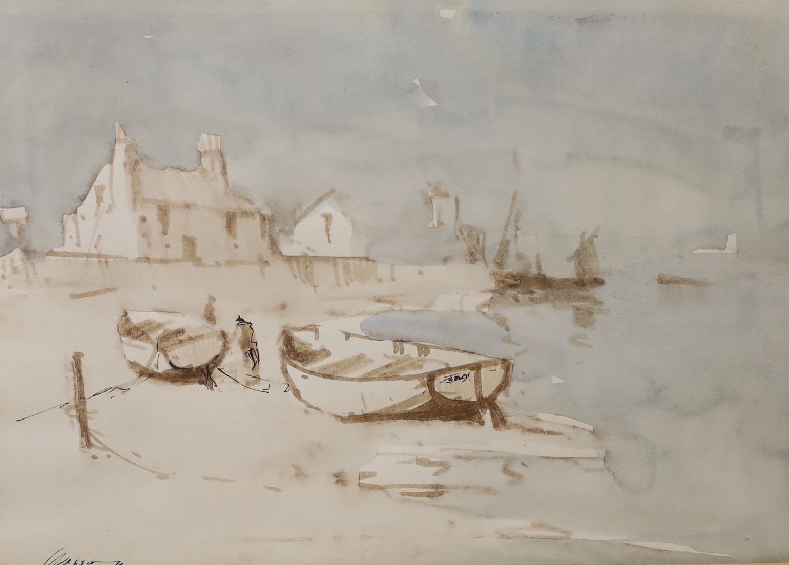 Edward Wesson (1910-1983), ink and watercolour, Coastal scene, signed, 21 x 29cm and an unsigned watercolour of trees, 20 x 28cm